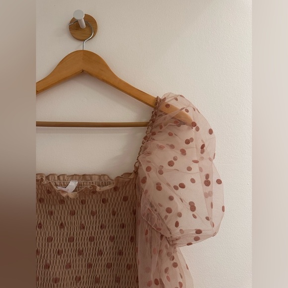 Lovesong Polka Dot Smocked Mini Dress Size M / Color Beige / Tan - Picture 3 of 9